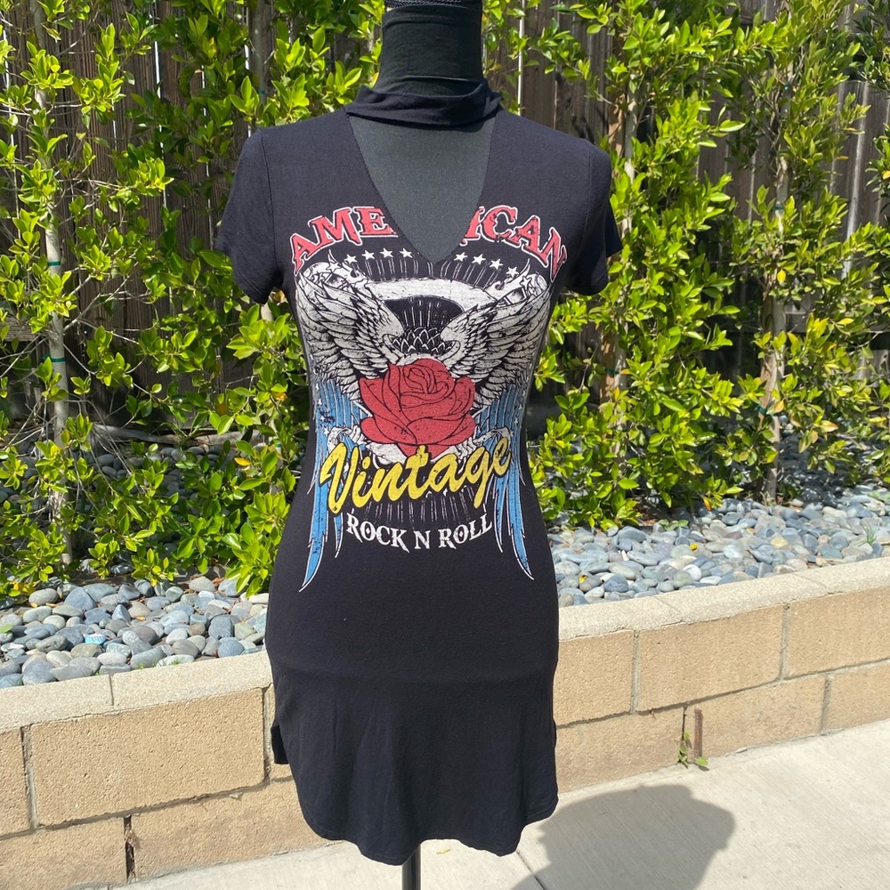 Y2k- Nella Fantasia Black Graphic Rock N Roll Dress